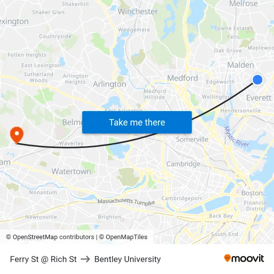 Ferry St @ Rich St to Bentley University map