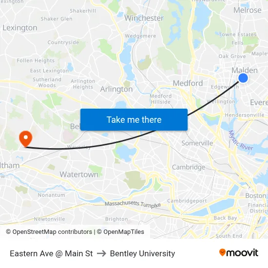 Eastern Ave @ Main St to Bentley University map