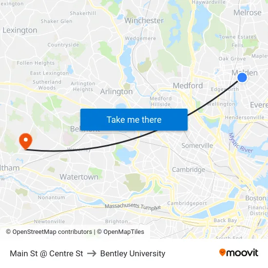 Main St @ Centre St to Bentley University map