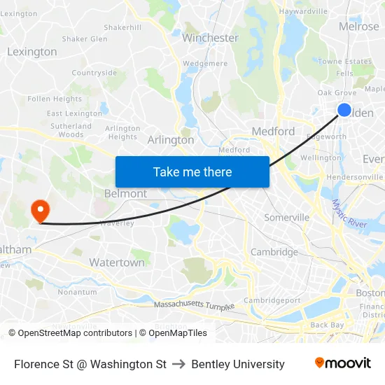 Florence St @ Washington St to Bentley University map