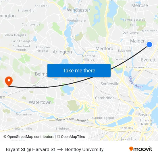 Bryant St @ Harvard St to Bentley University map