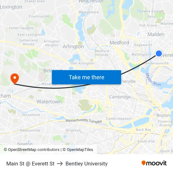 Main St @ Everett St to Bentley University map