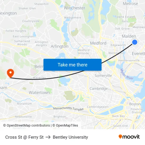 Cross St @ Ferry St to Bentley University map