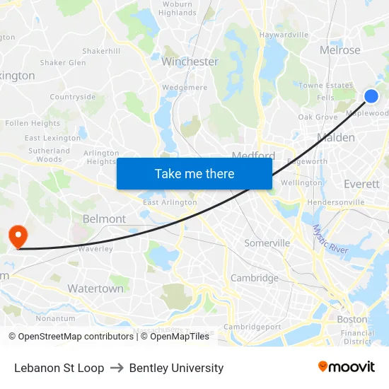 Lebanon St Loop to Bentley University map