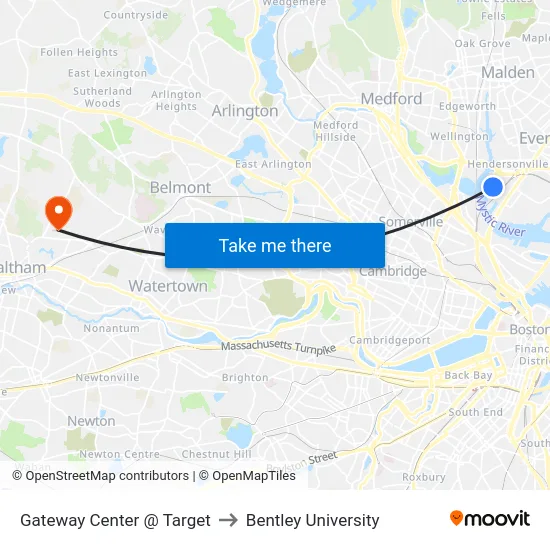 Gateway Center @ Target to Bentley University map