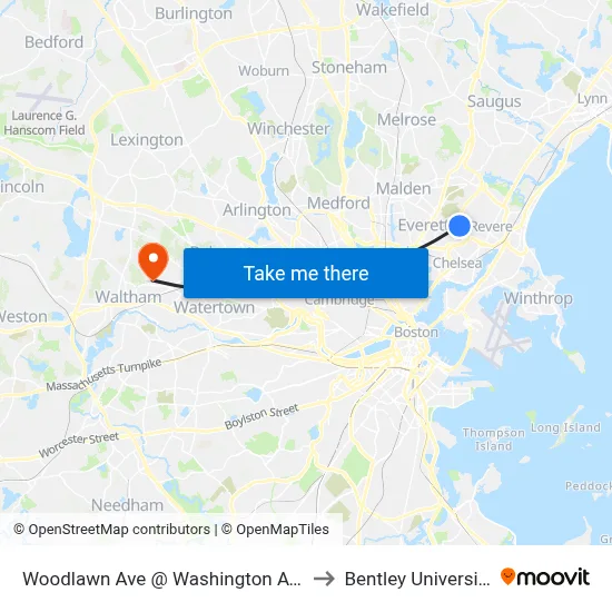 Woodlawn Ave @ Washington Ave to Bentley University map