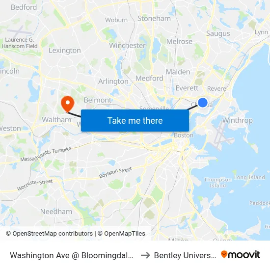 Washington Ave @ Bloomingdale St to Bentley University map