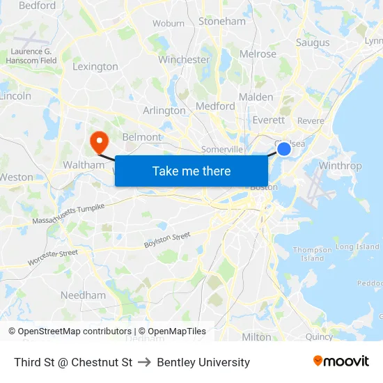 Third St @ Chestnut St to Bentley University map