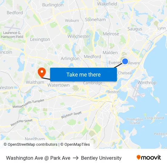 Washington Ave @ Park Ave to Bentley University map