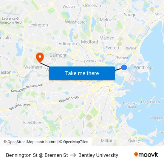 Bennington St @ Bremen St to Bentley University map