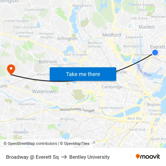Broadway @ Everett Sq to Bentley University map
