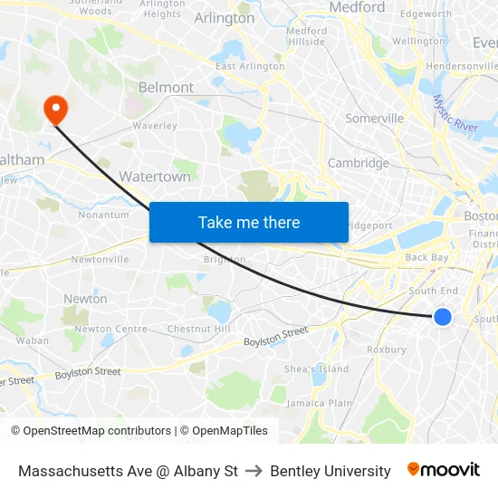Massachusetts Ave @ Albany St to Bentley University map