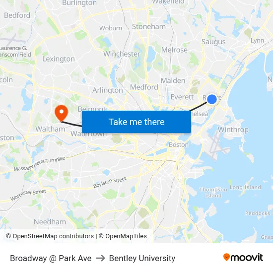 Broadway @ Park Ave to Bentley University map