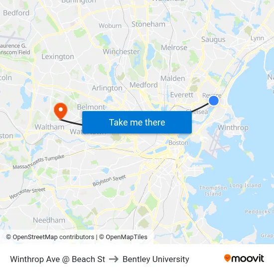 Winthrop Ave @ Beach St to Bentley University map