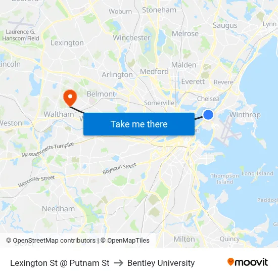 Lexington St @ Putnam St to Bentley University map