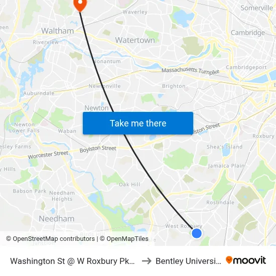 Washington St @ W Roxbury Pkwy to Bentley University map