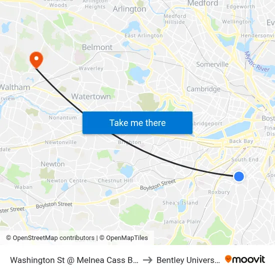 Washington St @ Melnea Cass Blvd to Bentley University map