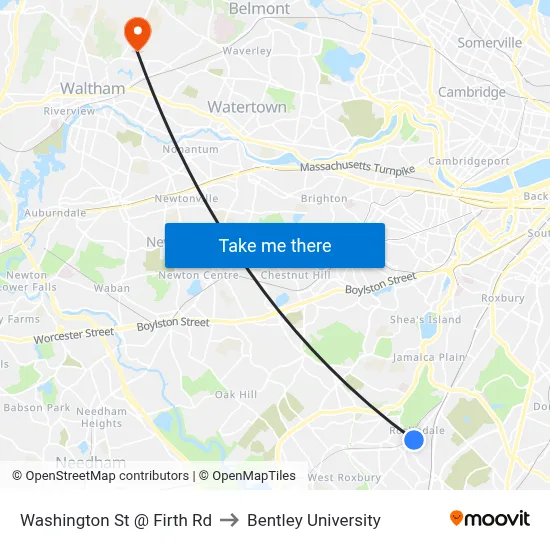 Washington St @ Firth Rd to Bentley University map