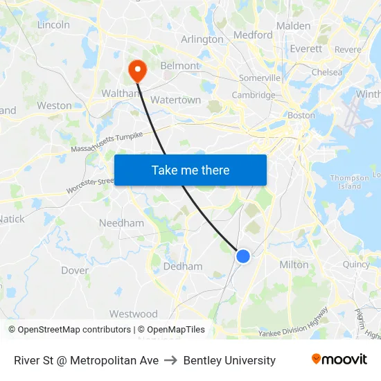 River St @ Metropolitan Ave to Bentley University map