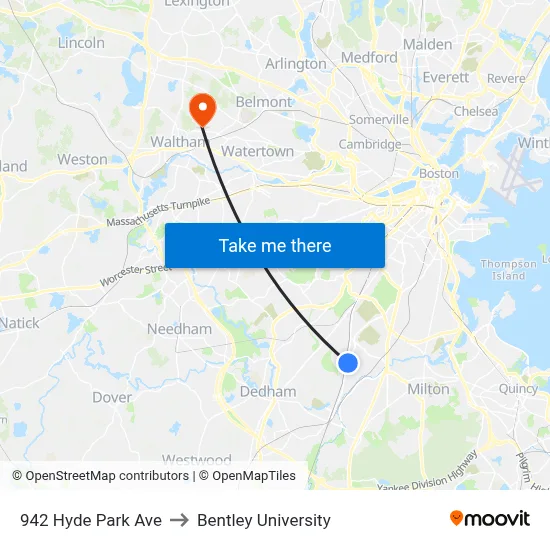 942 Hyde Park Ave to Bentley University map