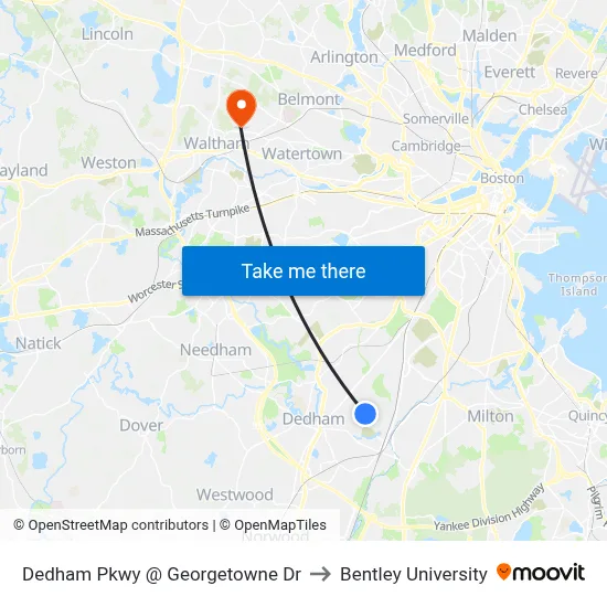 Dedham Pkwy @ Georgetowne Dr to Bentley University map