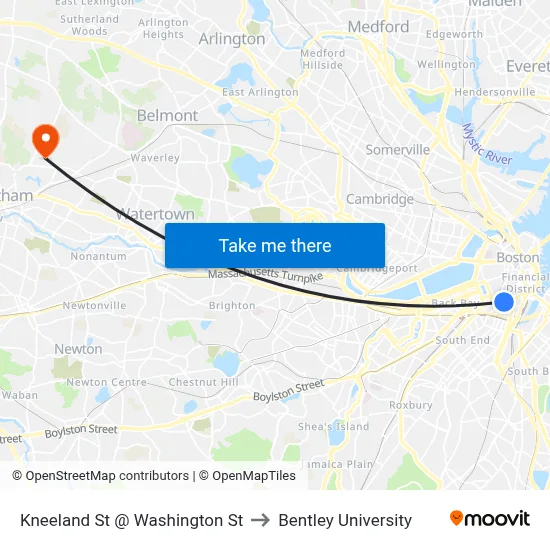 Kneeland St @ Washington St to Bentley University map