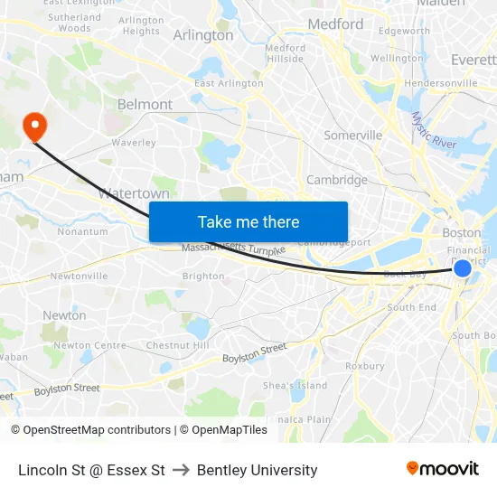 Lincoln St @ Essex St to Bentley University map