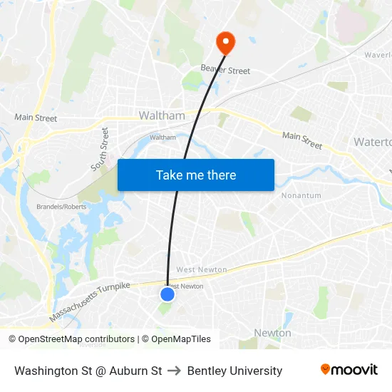 Washington St @ Auburn St to Bentley University map
