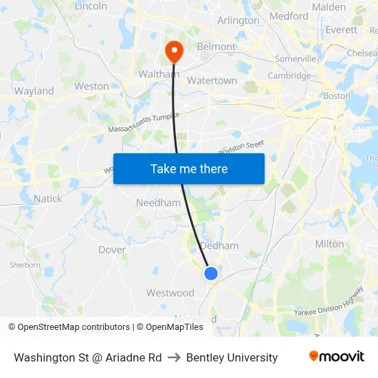 Washington St @ Ariadne Rd to Bentley University map