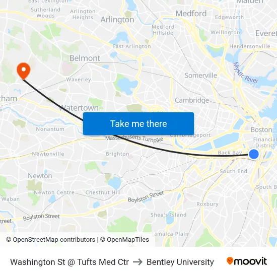 Washington St @ Tufts Med Ctr to Bentley University map