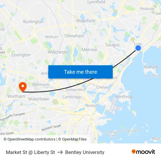 Market St @ Liberty St to Bentley University map