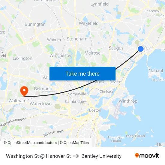 Washington St @ Hanover St to Bentley University map