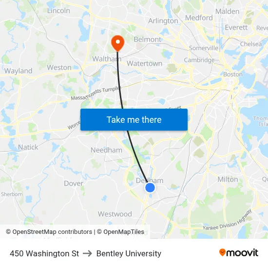 450 Washington St to Bentley University map