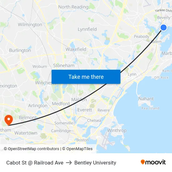 Cabot St @ Railroad Ave to Bentley University map