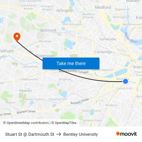 Stuart St @ Dartmouth St to Bentley University map
