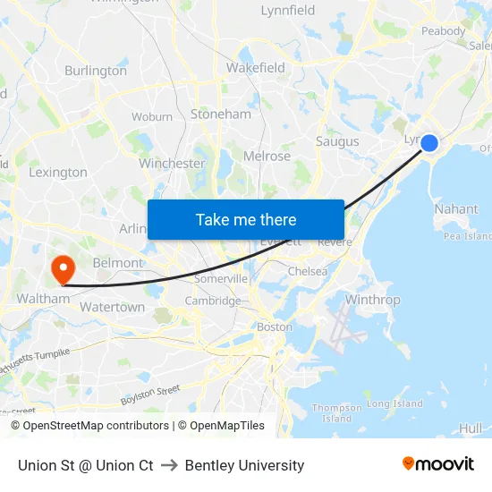 Union St @ Union Ct to Bentley University map