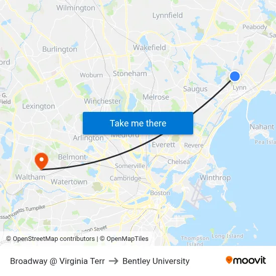 Broadway @ Virginia Terr to Bentley University map