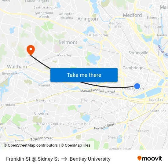 Franklin St @ Sidney St to Bentley University map