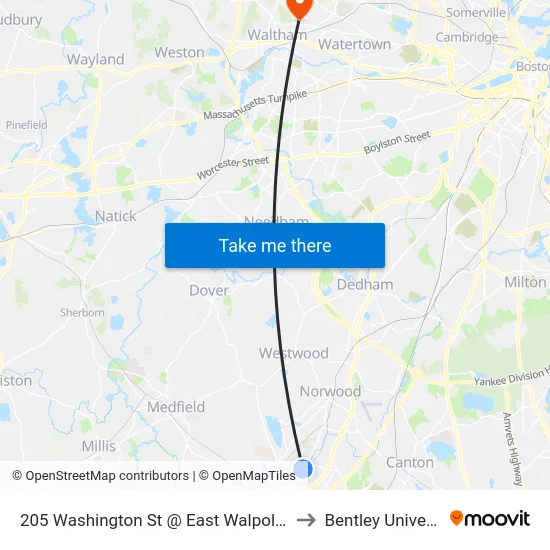 205 Washington St @ East Walpole Loop to Bentley University map
