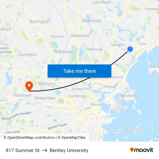 817 Summer St to Bentley University map