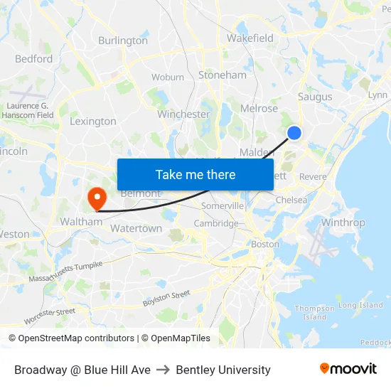 Broadway @ Blue Hill Ave to Bentley University map