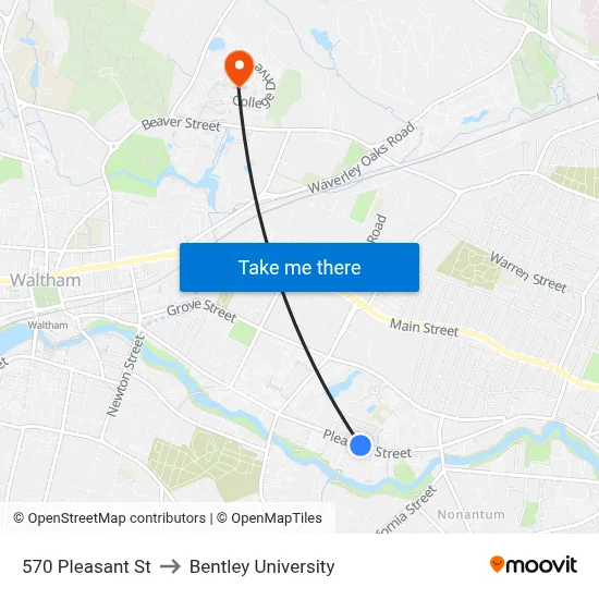 570 Pleasant St to Bentley University map