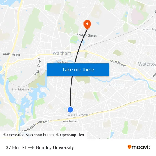 37 Elm St to Bentley University map