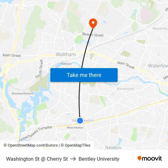 Washington St @ Cherry St to Bentley University map