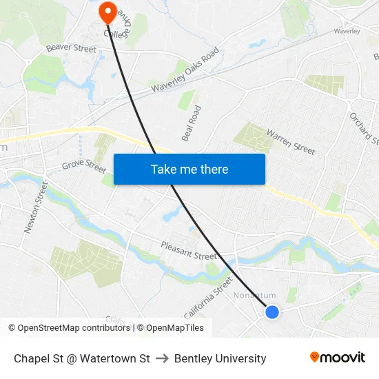 Chapel St @ Watertown St to Bentley University map