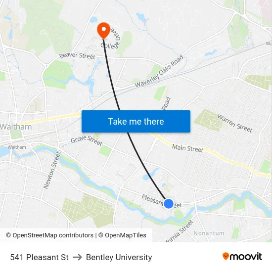 541 Pleasant St to Bentley University map