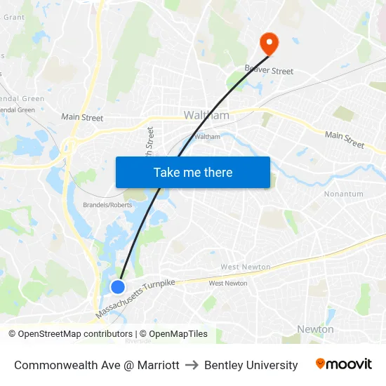 Commonwealth Ave @ Marriott to Bentley University map