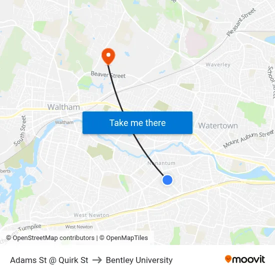 Adams St @ Quirk St to Bentley University map