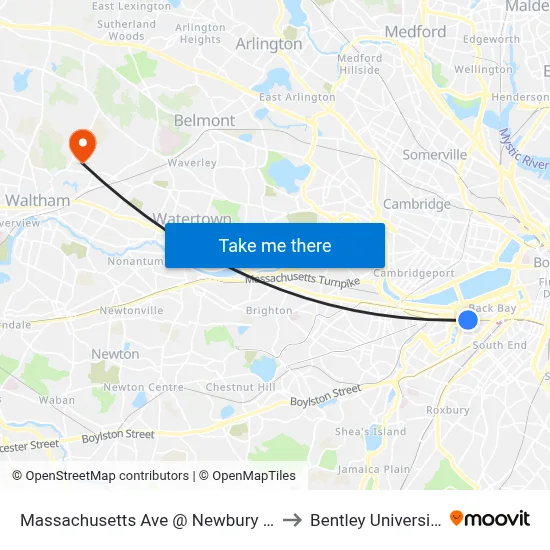 Massachusetts Ave @ Newbury St to Bentley University map