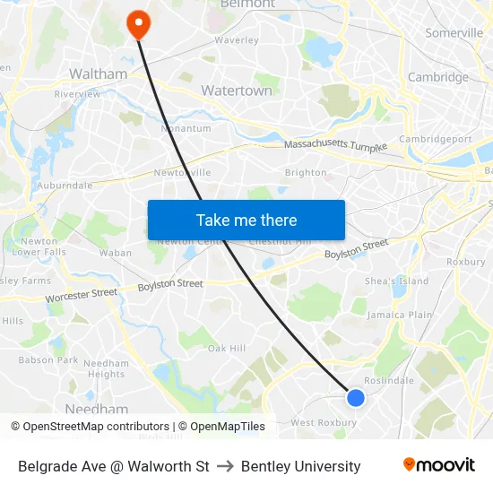 Belgrade Ave @ Walworth St to Bentley University map